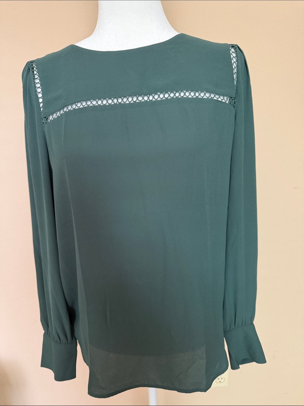LOFT Teal Green Long-Sleeve Blouse with Crochet Yoke